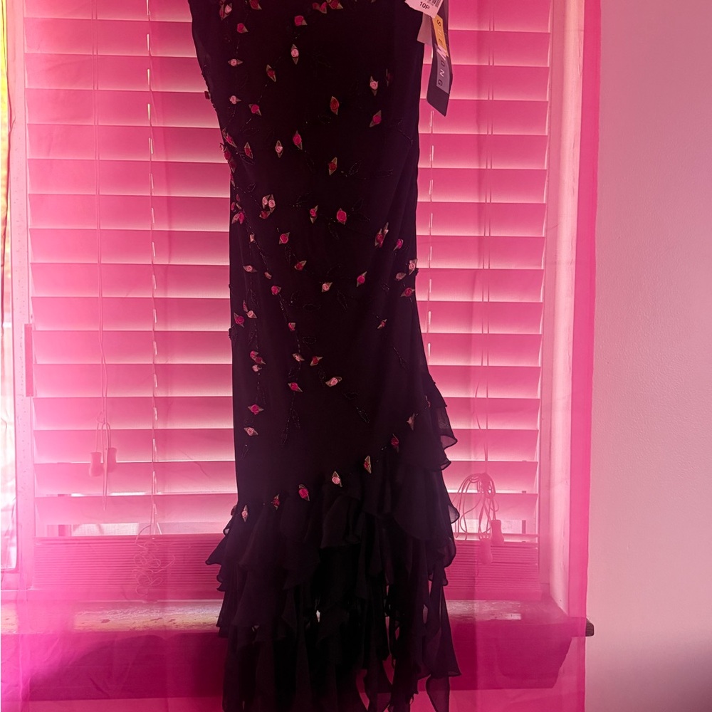 Sue Wong Elegant Black Dress with Vibrant Floral Details
